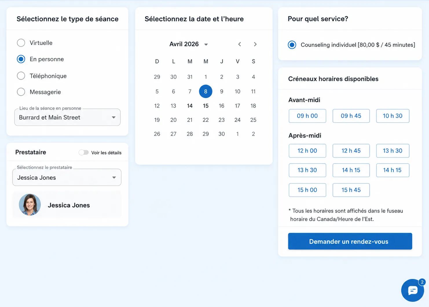 Portail Client NousTalk - Disponibilité des Prestataires