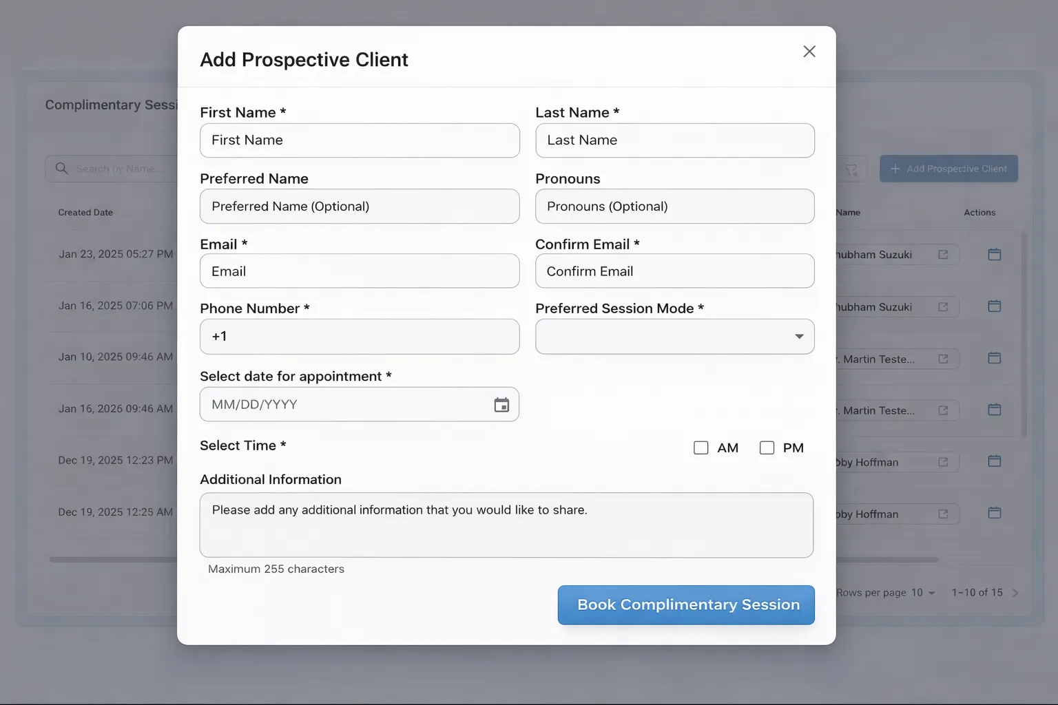 Add Prospective Clients & Book Sessions Instantly